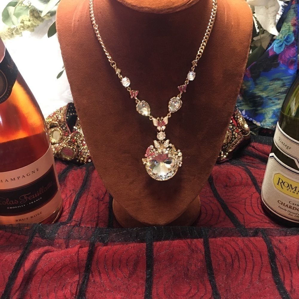 Necklace Large Orb Crystals Butterflies NWT